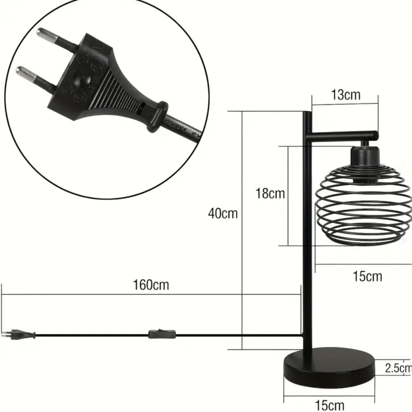 Industriële zwarte tafellamp met spiraalkap, EU-stekker en afmetingen in centimeters weergegeven.