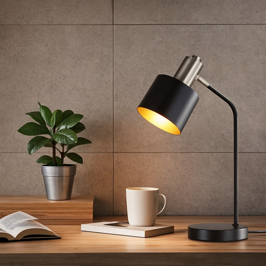 Zwarte metalen bureaulamp met kantelbare kop op houten bureau met boeken en koffiemok.