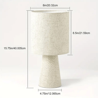 Beige linnen tafellamp met cilindervormige kap en hoogte van 40 cm, geschikt voor modern interieur.
