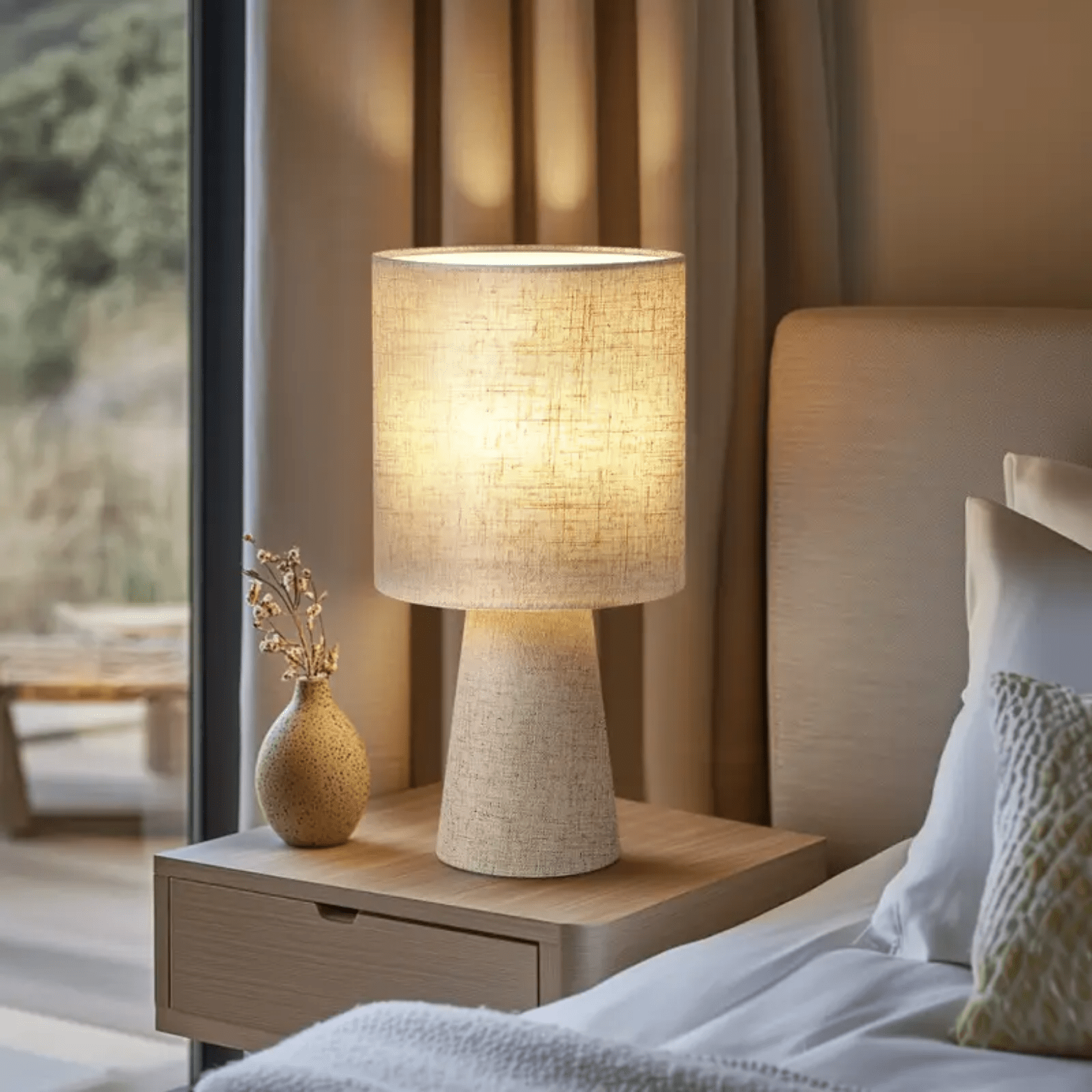 Linnen tafellamp met cilindervormige kap en warm licht op een nachtkastje naast het bed.