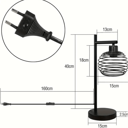 Industriële zwarte tafellamp met spiraalkap, EU-stekker en afmetingen in centimeters weergegeven.